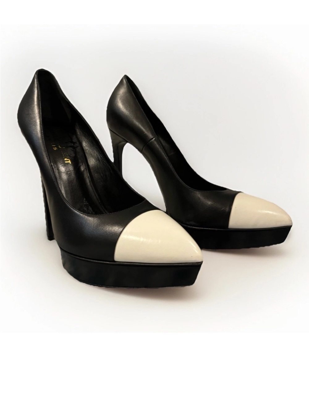Saint Laurent Black Leather White Cap Toe Janis 105 Platform Pumps